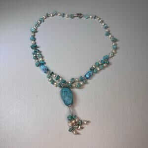 unbranded turquoise stone freshwater pearl glass bead statement necklace